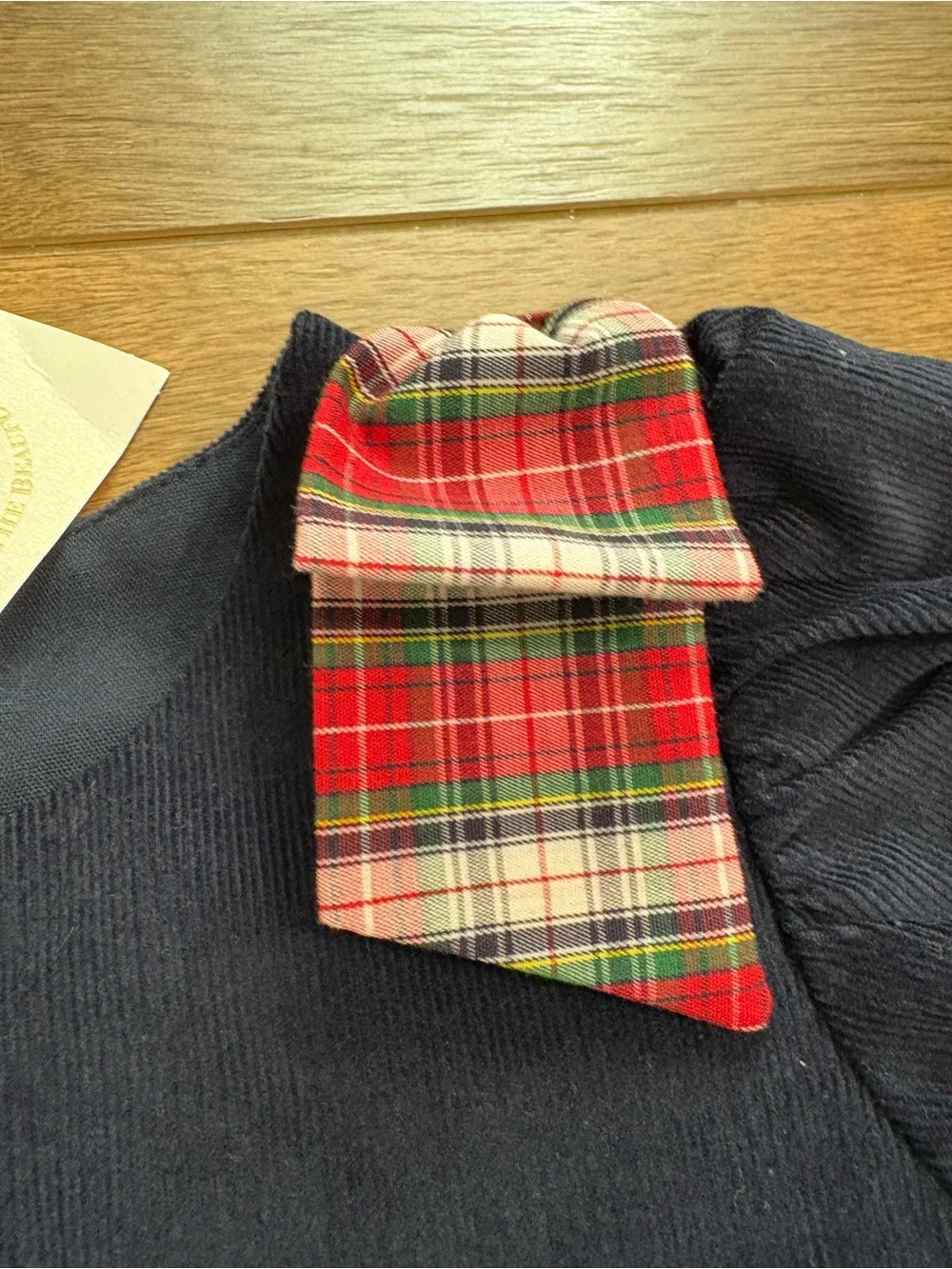 The Beaufort Bonnet Company Navy Blue Corduroy One-Piece with Red Plaid Trim